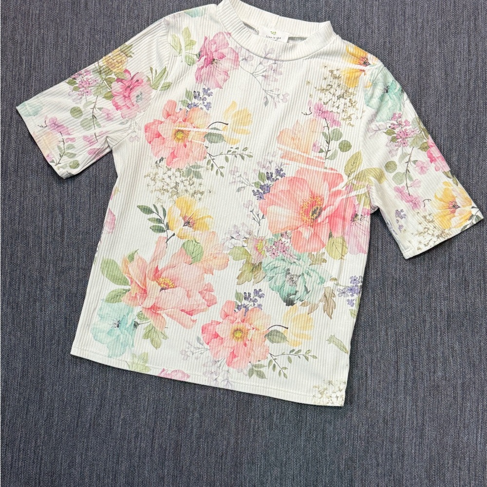 Live in the Moment Floral Ribbed Tee - Pastel Multi